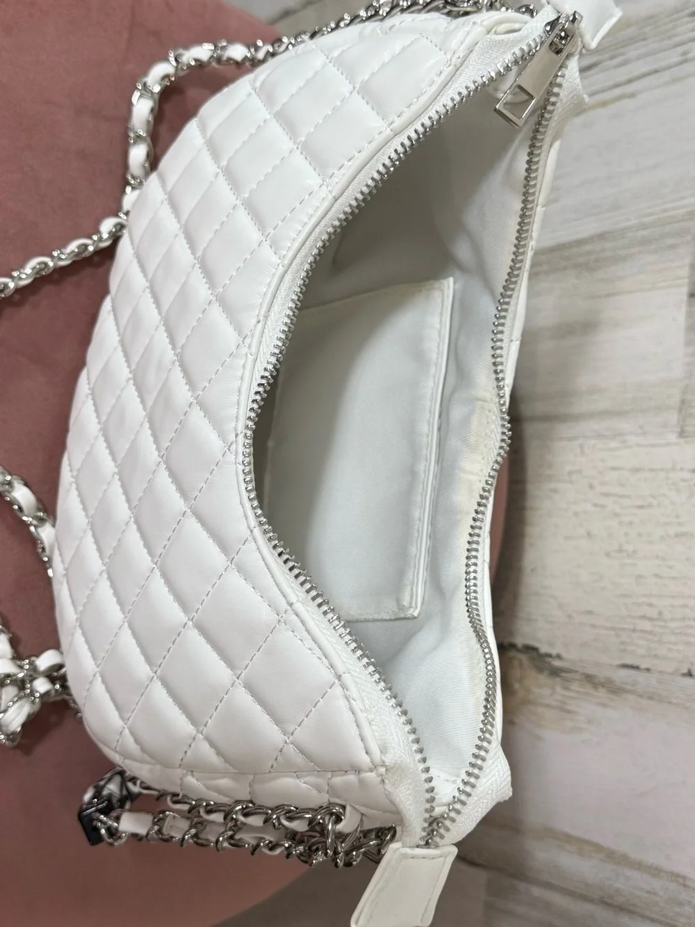 White Quilted Crossbody Bag with Chain Strap and Beaded 'LOVE' Accent